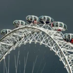 a ferris wheel with a cloudy sky